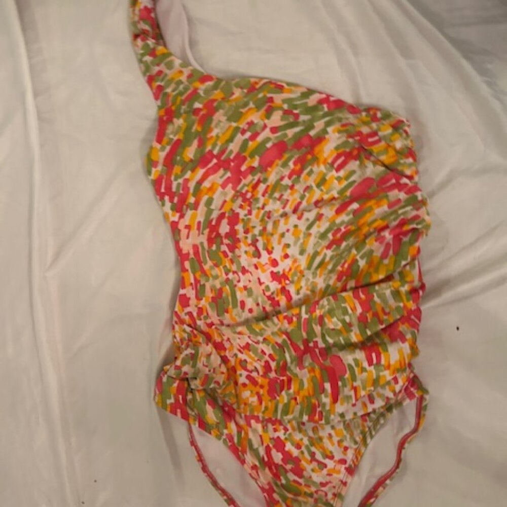 size medium womens one piece swim suit  pink orange green white one strap